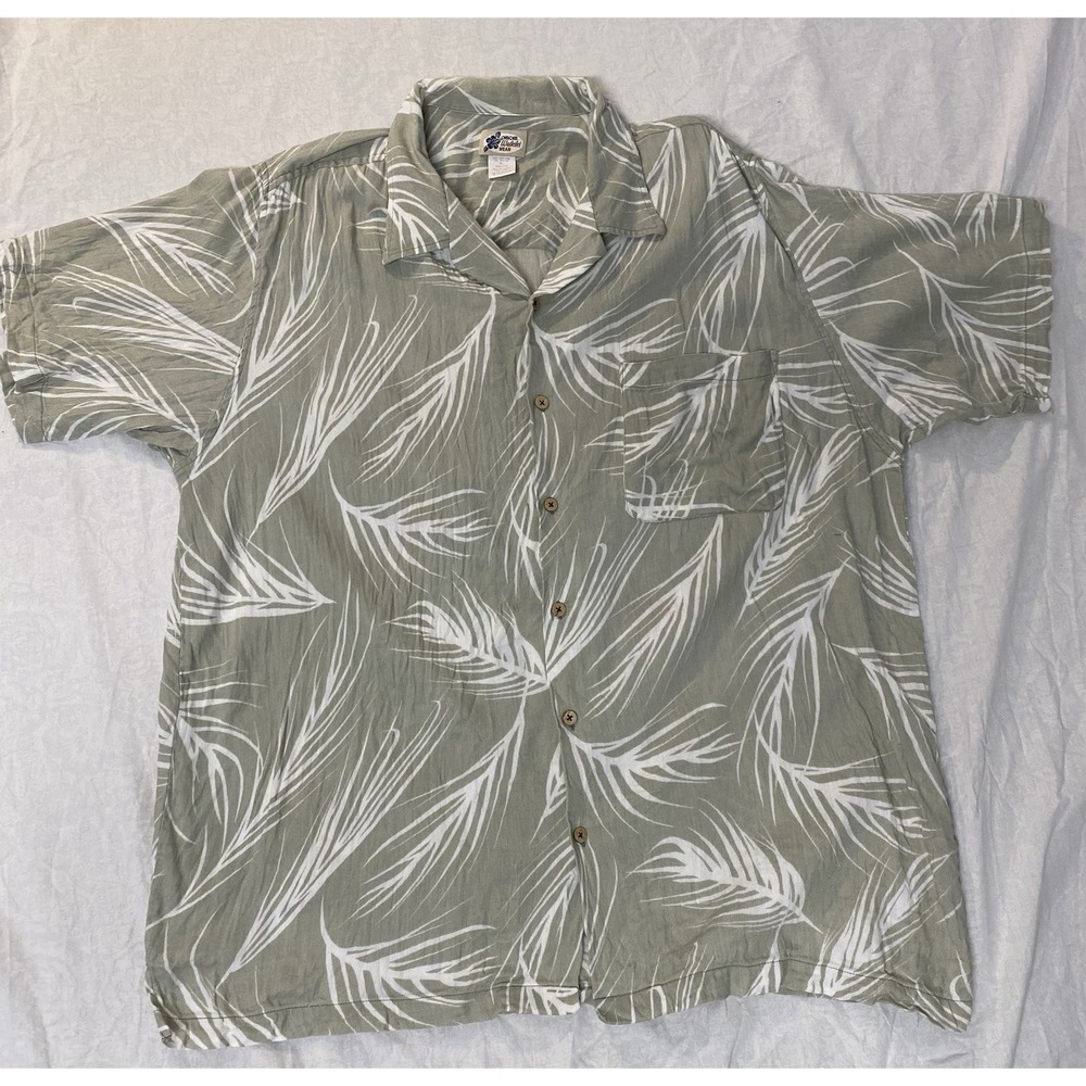 Cherokee Waikiki Wear XL Hawaiian Shirt Sage Palm Leaf Aloha Cotton Rayon